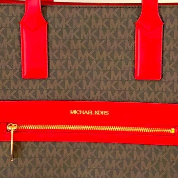 MICHAEL KORS NWT KENLY FLAME RED BROWN SIGNATURE LARGE TOTE CROSSBODY BAG - Picture 5 of 12
